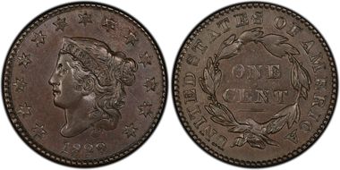 1829 1C N-9, Medium Letters AU58BN