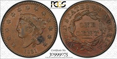 1831 1C N-6, Large Letters AU58BN