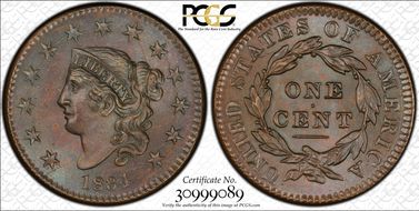 1834 1C Small 8, Newcomb 2 MS65BN