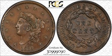 1834 1C N-3 Lg 8 Sm St Med Lt AU58BN