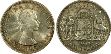 1953(m) Florin Small Rev. Denticles KM-54  Ag MS62