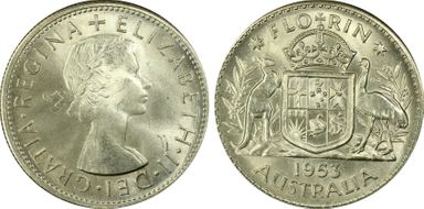 1953(m) Florin Small Rev. Denticles KM-54  Ag MS63