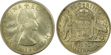 1953(m) Florin Small Rev. Denticles KM-54  Ag MS63