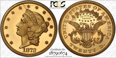 1872 $20 PR63DCAM