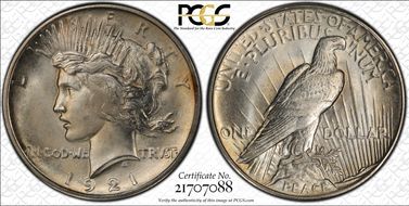 1921 $1 High Relief, Peace MS65+