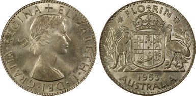 1953(m) Florin Small Rev. Denticles KM-54  Ag MS64