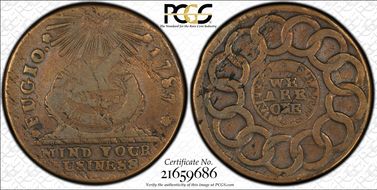 1787 Fugio 1C Club Rays, Rounded Ends VF20BN