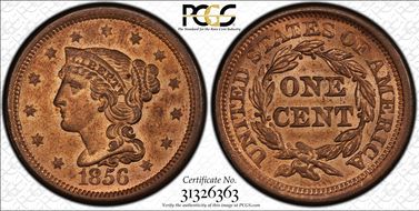 1856 1C Slanted 5 MS64RD