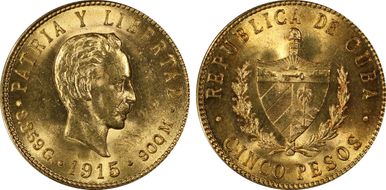 1915 5 Peso KM-19  Au MS62