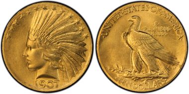 1907 $10 Indian, Wire Rim MS65