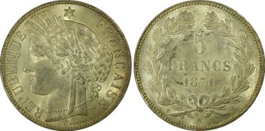 1871-K 5 Fr Gad-742 F-332 Cérès 3 Feuilles MS62