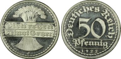 1922-E 50 Pfg J-301 PR65DCAM