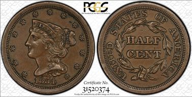 1854 1/2C AU58BN