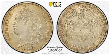1888 5 Dec Restrepo-403.1 Medellin Mulatto Head w/Star AU53