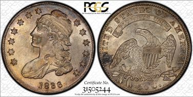 1836 50C O-106a LE, Beaded Reverse AU53