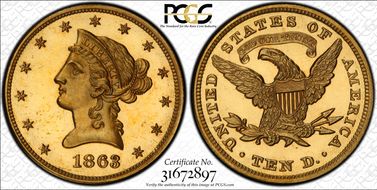 1863 $10 J-349 PR64CAM