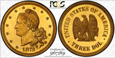 1872 $3 J-1235 PR67+ DCAM