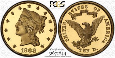 1868 $10 J-661 PR66CAM