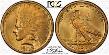 1908 $10 No Motto MS66+