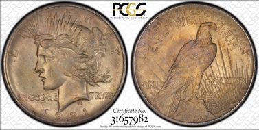 1921 $1 High Relief, Peace MS63