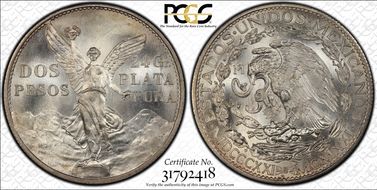 1921-Mo 2 Peso Centennial, 9 Tail F. KM-462  Ag MS66