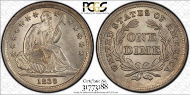 1838 10C No Drapery, Large Stars F-112 MS64