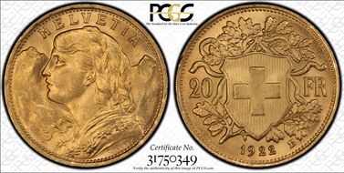 1922 B 20 Fr KM-35.1  Au MS65