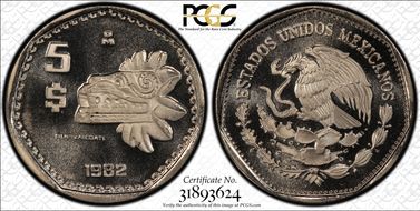 1982-Mo 5 Peso Quetzalcoatl KM-485 PR68DCAM