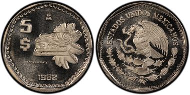 1982-Mo 5 Peso Quetzalcoatl KM-485 PR68DCAM