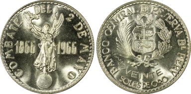 1966 20 Sol Peru-Spain Naval Battle KM-249  Ag MS66