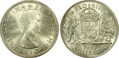 1953(m) Florin Small Rev. Denticles KM-54  Ag MS64