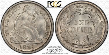 1891 10C F-109, Doubled Die Obv MS64