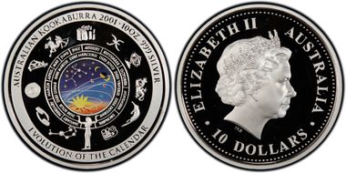 2001 $10 Calendar 10oz Ag Colorized PR66DCAM
