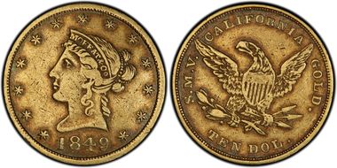1849 $10 Moffat & Co., "TEN DOL." VF35
