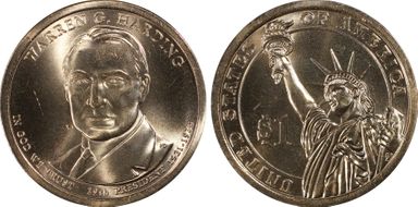 2014-P $1 Weak Edge Lettering Harding, Position A MS65