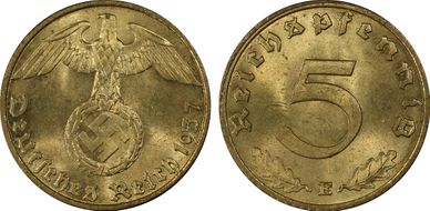 1937-E 5 Pfg J-363 MS65