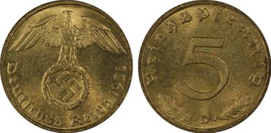 1938-D 5 Pfg J-363 MS65