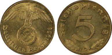 1938-D 5 Pfg J-363 MS64