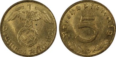 1938-D 5 Pfg J-363 MS64