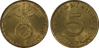 1938-E 5 Pfg J-363 MS65