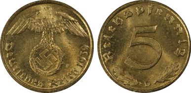 1939-D 5 Pfg J-363 MS65