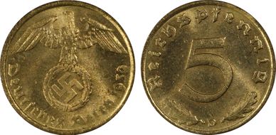 1939-D 5 Pfg J-363 MS65