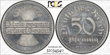 1919-G 50 Pfg J-301 PR63CAM