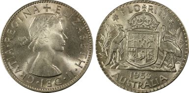 1953(m) Florin Small Rev. Denticles KM-54  Ag MS64+