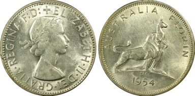 1954(m) Florin Royal Visit KM-55  Ag AU58