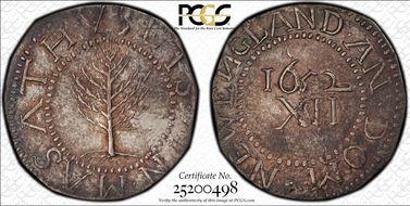 1652 Shilling Pine Tree, Lg Planchet, Rev. N AU58