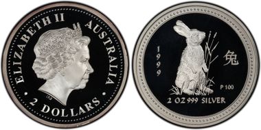 1999-P $2 Year of the Rabbit 2oz Ag PR68DCAM