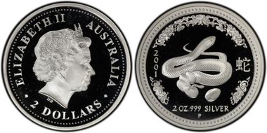 2001-P $2 Year of the Snake 2oz Ag PR66DCAM