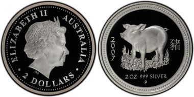 2007-P $2 Year of the Pig 2oz Ag PR69DCAM