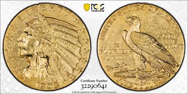 1908 $5 Indian AU58